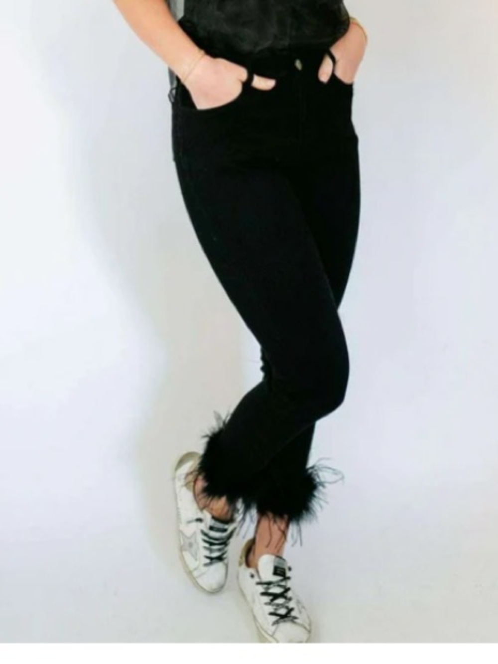 Buddy Love Black Feather-Trim Cropped Slim Pants